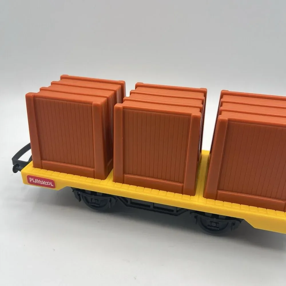 1988 Playskool Express Train Freight Yellow Flat Car With 3 Brown Boxes